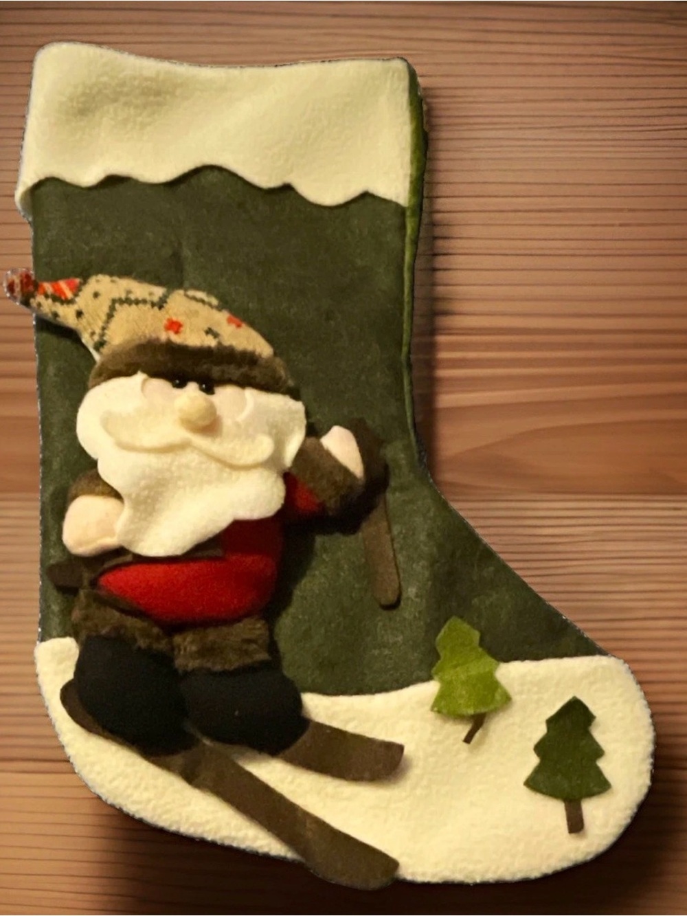 VTG 3D Skiing Santa Christmas Stocking Green Felt Fleece Applique Cute Cottage